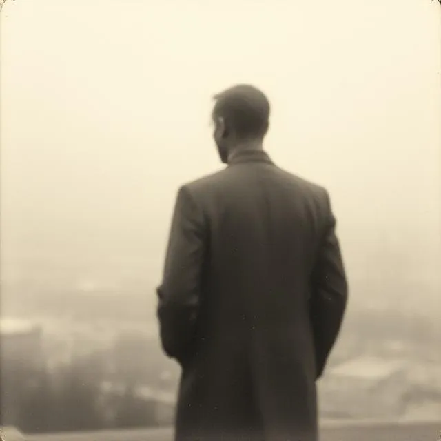 A man, with his back to the camera, overlooking a foggy city from a hillside